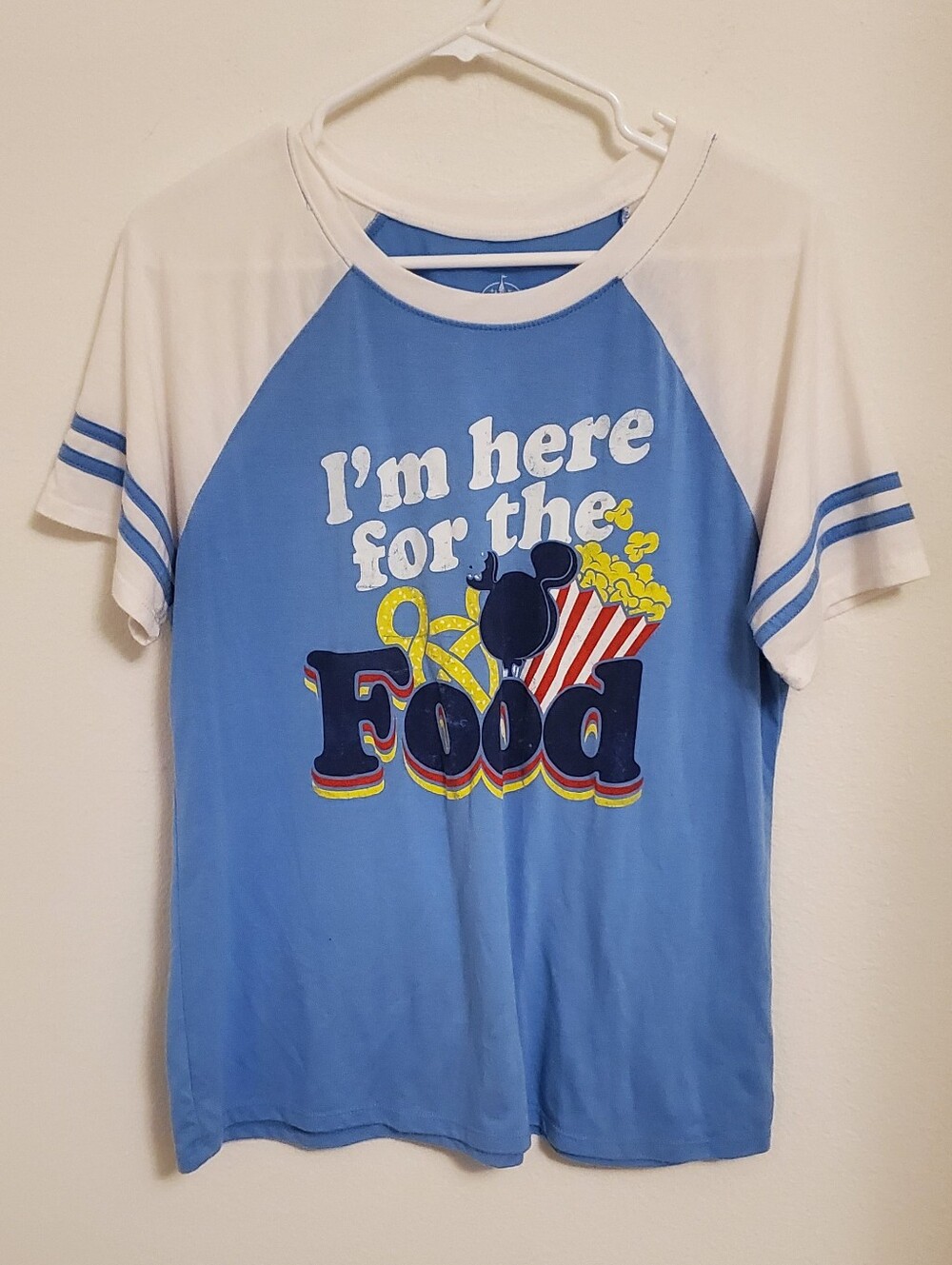 Disney Parks Women's Blue & White Raglan 'I'm Here for the Food' Graphic Tee